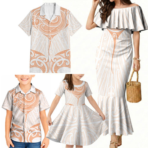 New Zealand Manta Ray Tattoo Family Matching Mermaid Dress and Hawaiian Shirt Aotearoa Maori Haehae Orange