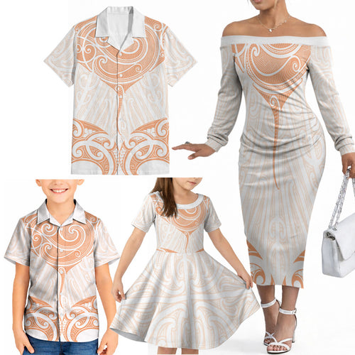 New Zealand Manta Ray Tattoo Family Matching Off The Shoulder Long Sleeve Dress and Hawaiian Shirt Aotearoa Maori Haehae Orange