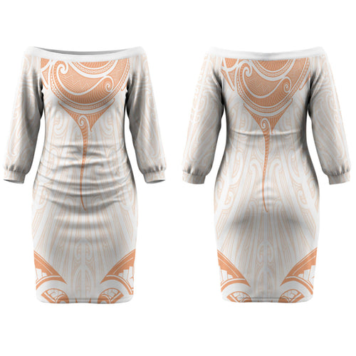 New Zealand Manta Ray Tattoo Family Matching Off The Shoulder Long Sleeve Dress and Hawaiian Shirt Aotearoa Maori Haehae Orange