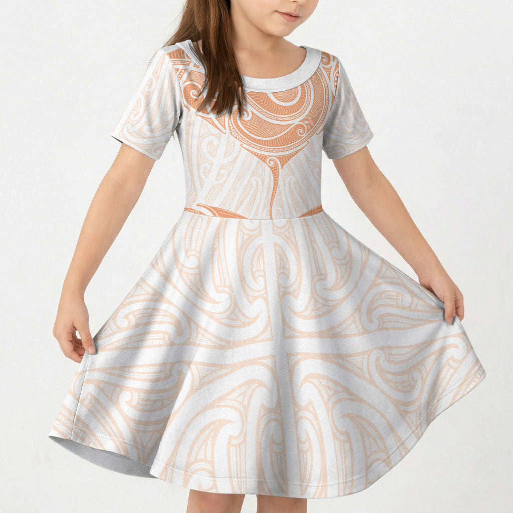 New Zealand Manta Ray Tattoo Kid Short Sleeve Dress Aotearoa Maori Haehae Orange
