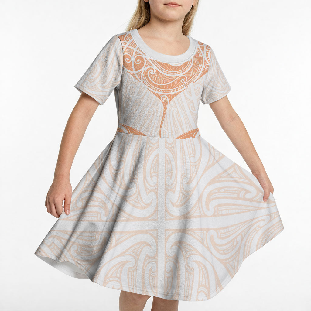 New Zealand Manta Ray Tattoo Kid Short Sleeve Dress Aotearoa Maori Haehae Orange
