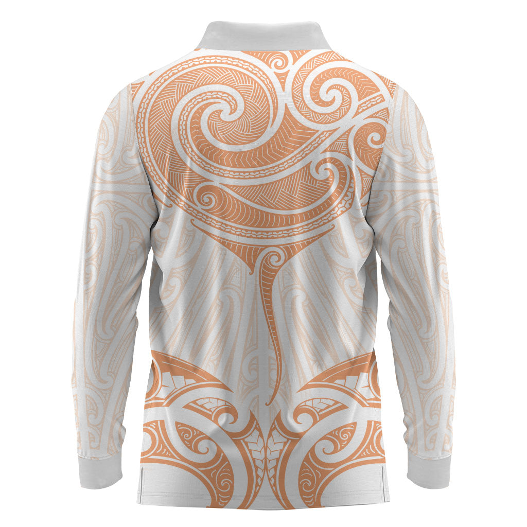 New Zealand Manta Ray Tattoo Long Sleeve Polo Shirt Aotearoa Maori Haehae Orange
