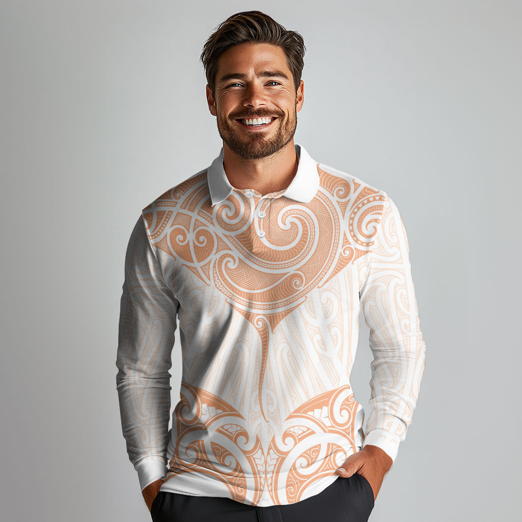 New Zealand Manta Ray Tattoo Long Sleeve Polo Shirt Aotearoa Maori Haehae Orange