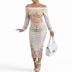 New Zealand Manta Ray Tattoo Off The Shoulder Long Sleeve Dress Aotearoa Maori Haehae Orange