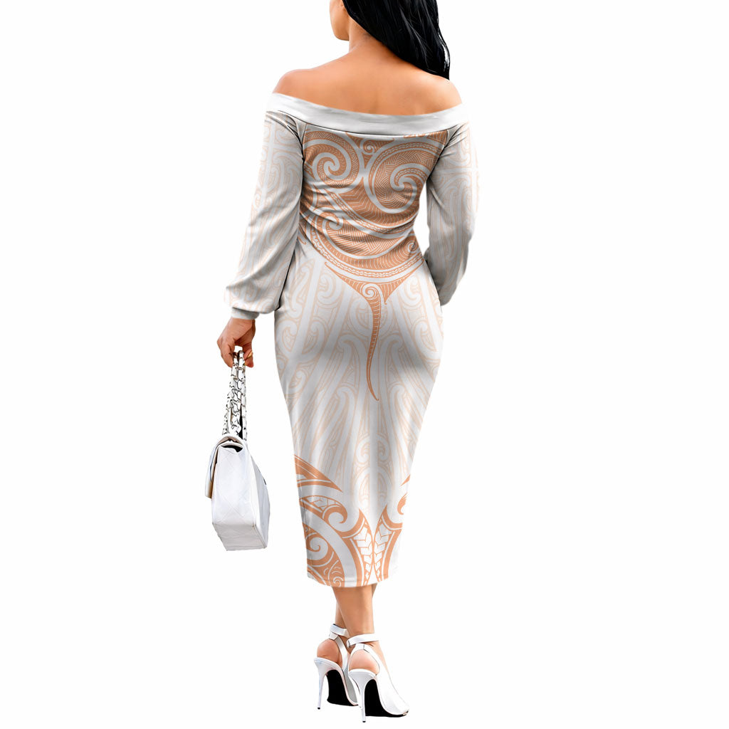 New Zealand Manta Ray Tattoo Off The Shoulder Long Sleeve Dress Aotearoa Maori Haehae Orange