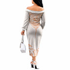 New Zealand Manta Ray Tattoo Off The Shoulder Long Sleeve Dress Aotearoa Maori Haehae Orange
