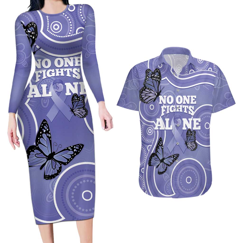 Australia Stomach Cancer Awareness Couples Matching Long Sleeve Bodycon Dress and Hawaiian Shirt No One Fights Alone Aboriginal Art