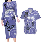 Australia Stomach Cancer Awareness Couples Matching Long Sleeve Bodycon Dress and Hawaiian Shirt No One Fights Alone Aboriginal Art