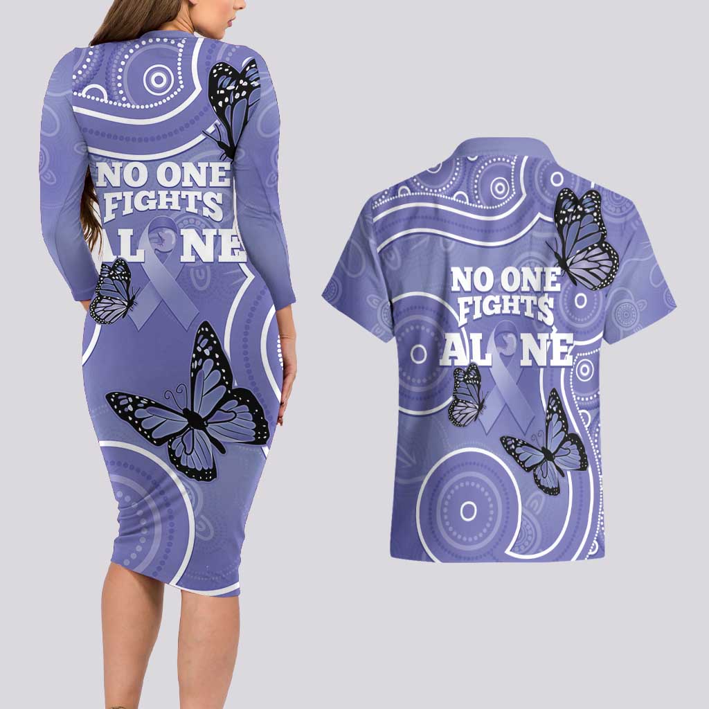 Australia Stomach Cancer Awareness Couples Matching Long Sleeve Bodycon Dress and Hawaiian Shirt No One Fights Alone Aboriginal Art