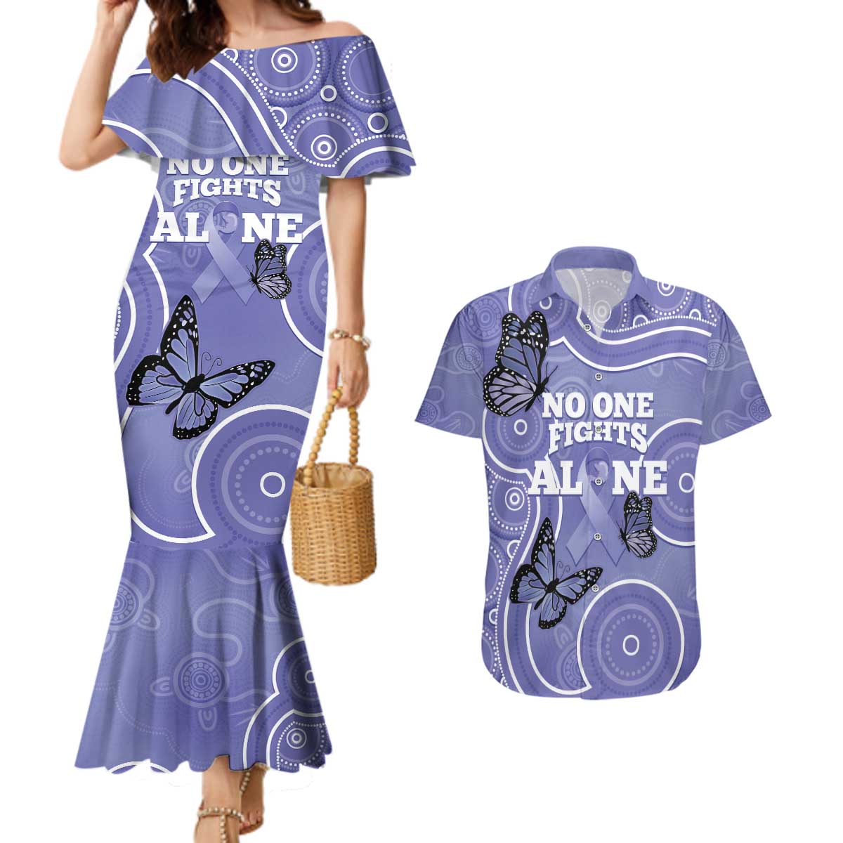 Australia Stomach Cancer Awareness Couples Matching Mermaid Dress and Hawaiian Shirt No One Fights Alone Aboriginal Art