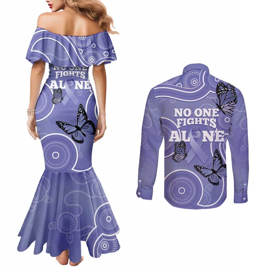 Australia Stomach Cancer Awareness Couples Matching Mermaid Dress and Long Sleeve Button Shirt No One Fights Alone Aboriginal Art