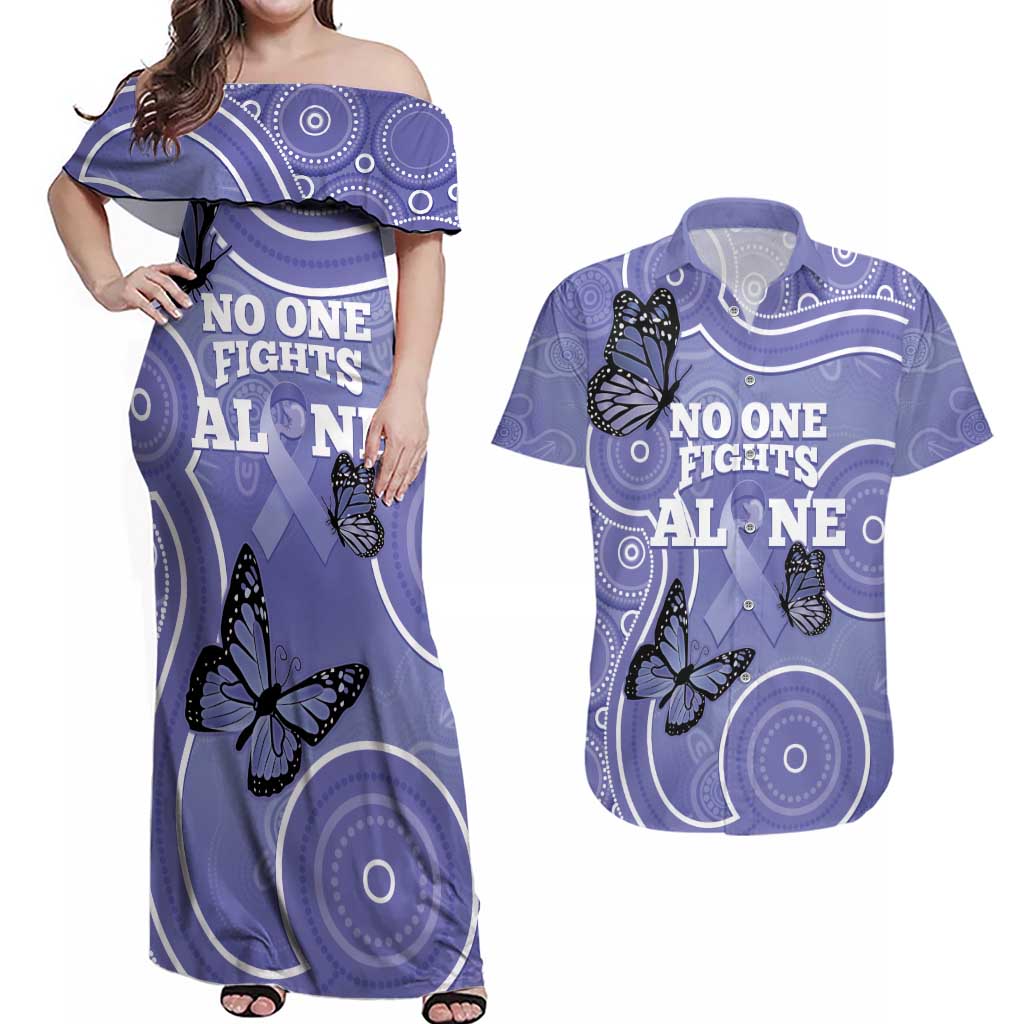 Australia Stomach Cancer Awareness Couples Matching Off Shoulder Maxi Dress and Hawaiian Shirt No One Fights Alone Aboriginal Art