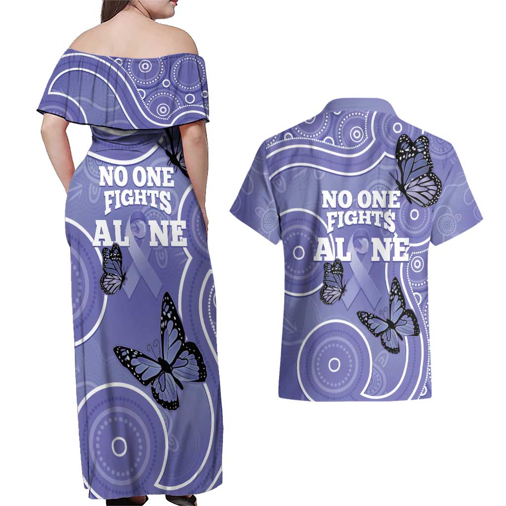 Australia Stomach Cancer Awareness Couples Matching Off Shoulder Maxi Dress and Hawaiian Shirt No One Fights Alone Aboriginal Art