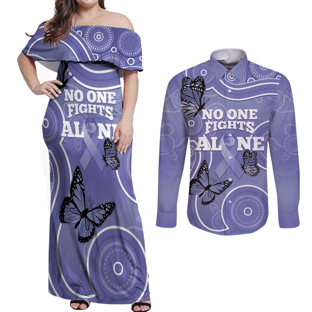 Australia Stomach Cancer Awareness Couples Matching Off Shoulder Maxi Dress and Long Sleeve Button Shirt No One Fights Alone Aboriginal Art