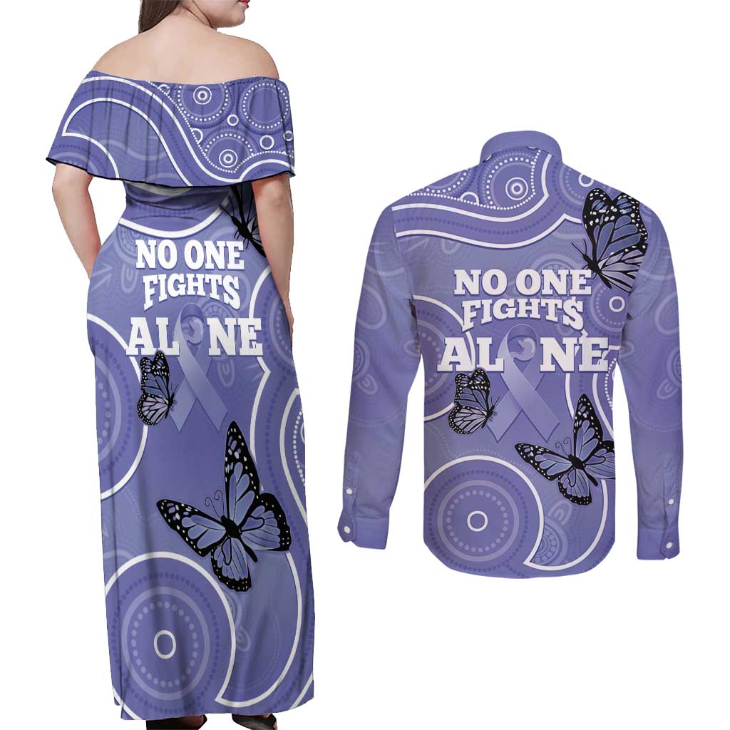 Australia Stomach Cancer Awareness Couples Matching Off Shoulder Maxi Dress and Long Sleeve Button Shirt No One Fights Alone Aboriginal Art