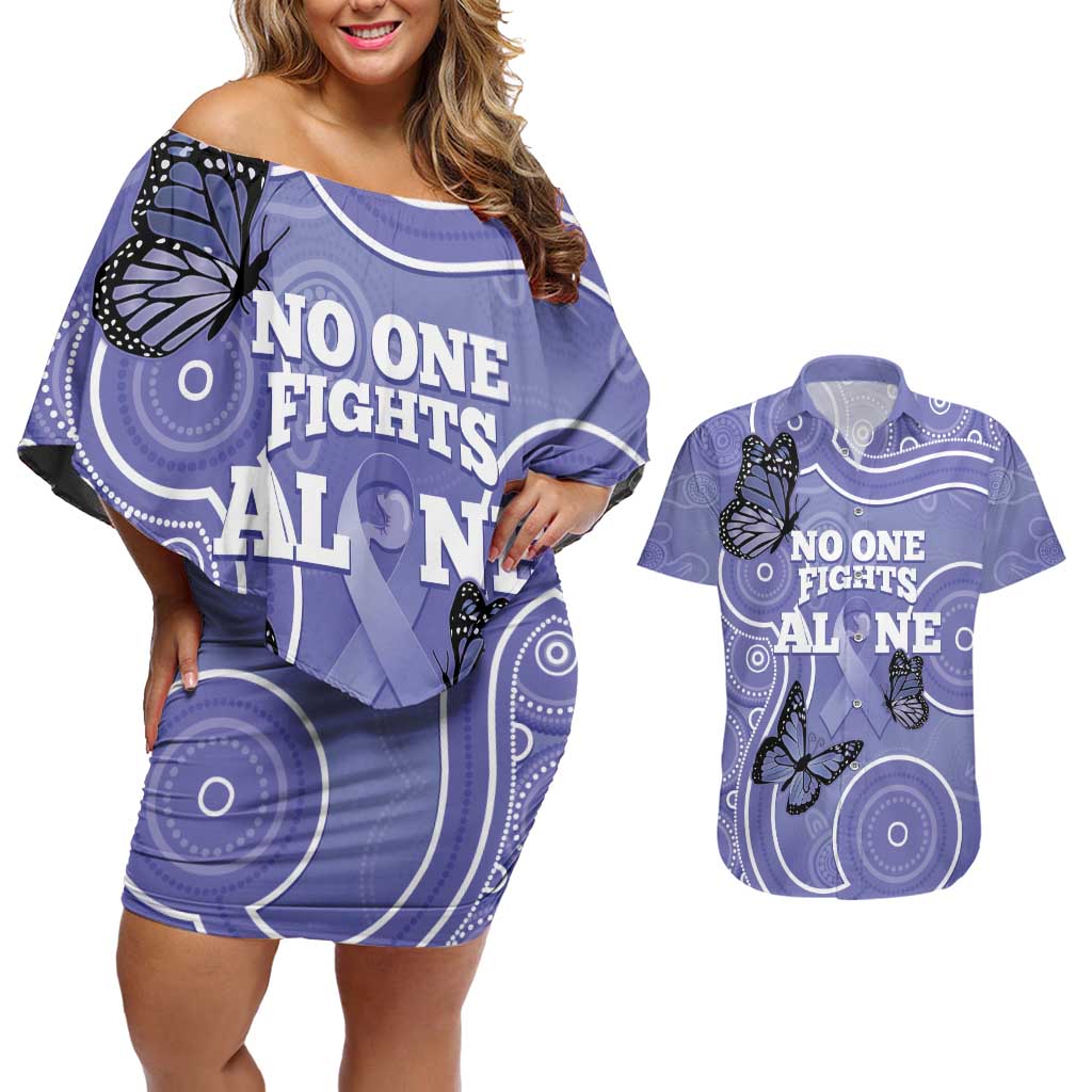 Australia Stomach Cancer Awareness Couples Matching Off Shoulder Short Dress and Hawaiian Shirt No One Fights Alone Aboriginal Art
