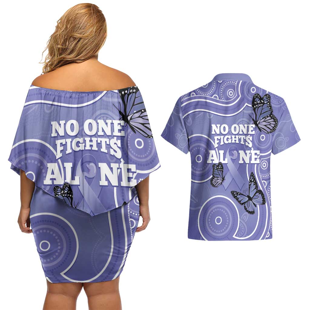 Australia Stomach Cancer Awareness Couples Matching Off Shoulder Short Dress and Hawaiian Shirt No One Fights Alone Aboriginal Art