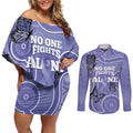 Australia Stomach Cancer Awareness Couples Matching Off Shoulder Short Dress and Long Sleeve Button Shirt No One Fights Alone Aboriginal Art