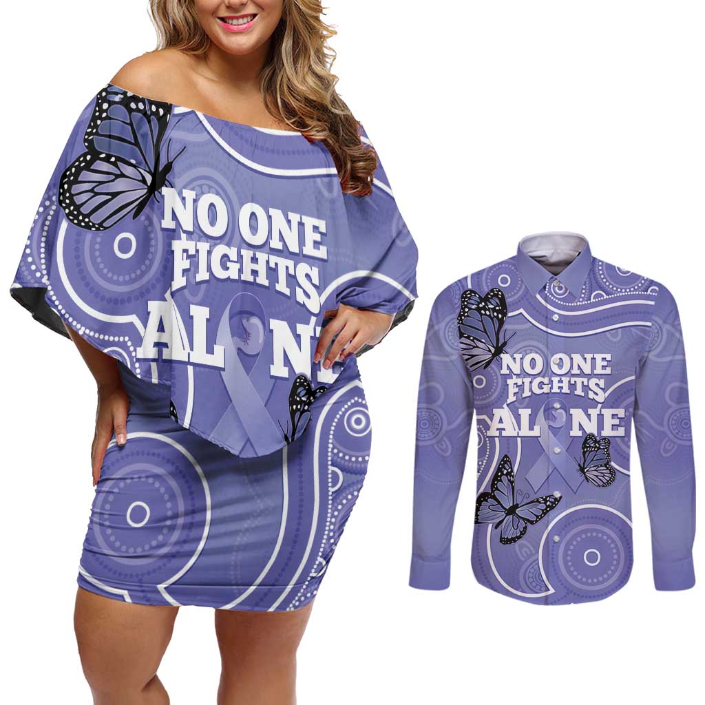 Australia Stomach Cancer Awareness Couples Matching Off Shoulder Short Dress and Long Sleeve Button Shirt No One Fights Alone Aboriginal Art