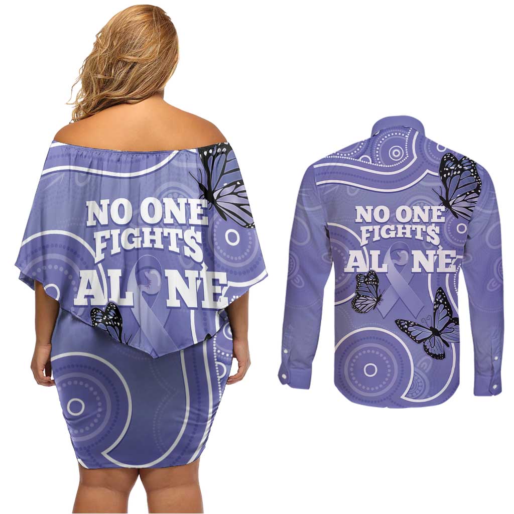Australia Stomach Cancer Awareness Couples Matching Off Shoulder Short Dress and Long Sleeve Button Shirt No One Fights Alone Aboriginal Art