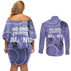 Australia Stomach Cancer Awareness Couples Matching Off Shoulder Short Dress and Long Sleeve Button Shirt No One Fights Alone Aboriginal Art