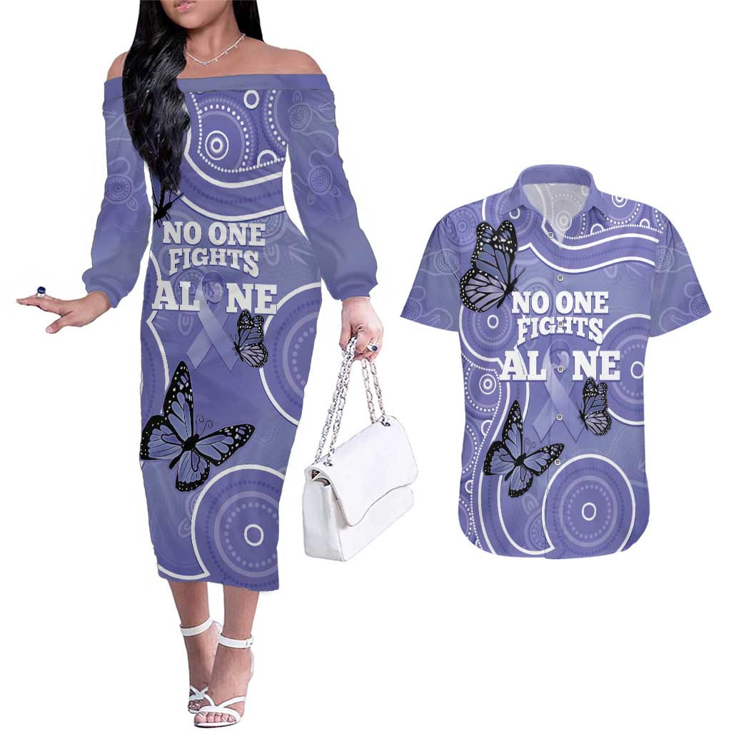 Australia Stomach Cancer Awareness Couples Matching Off The Shoulder Long Sleeve Dress and Hawaiian Shirt No One Fights Alone Aboriginal Art