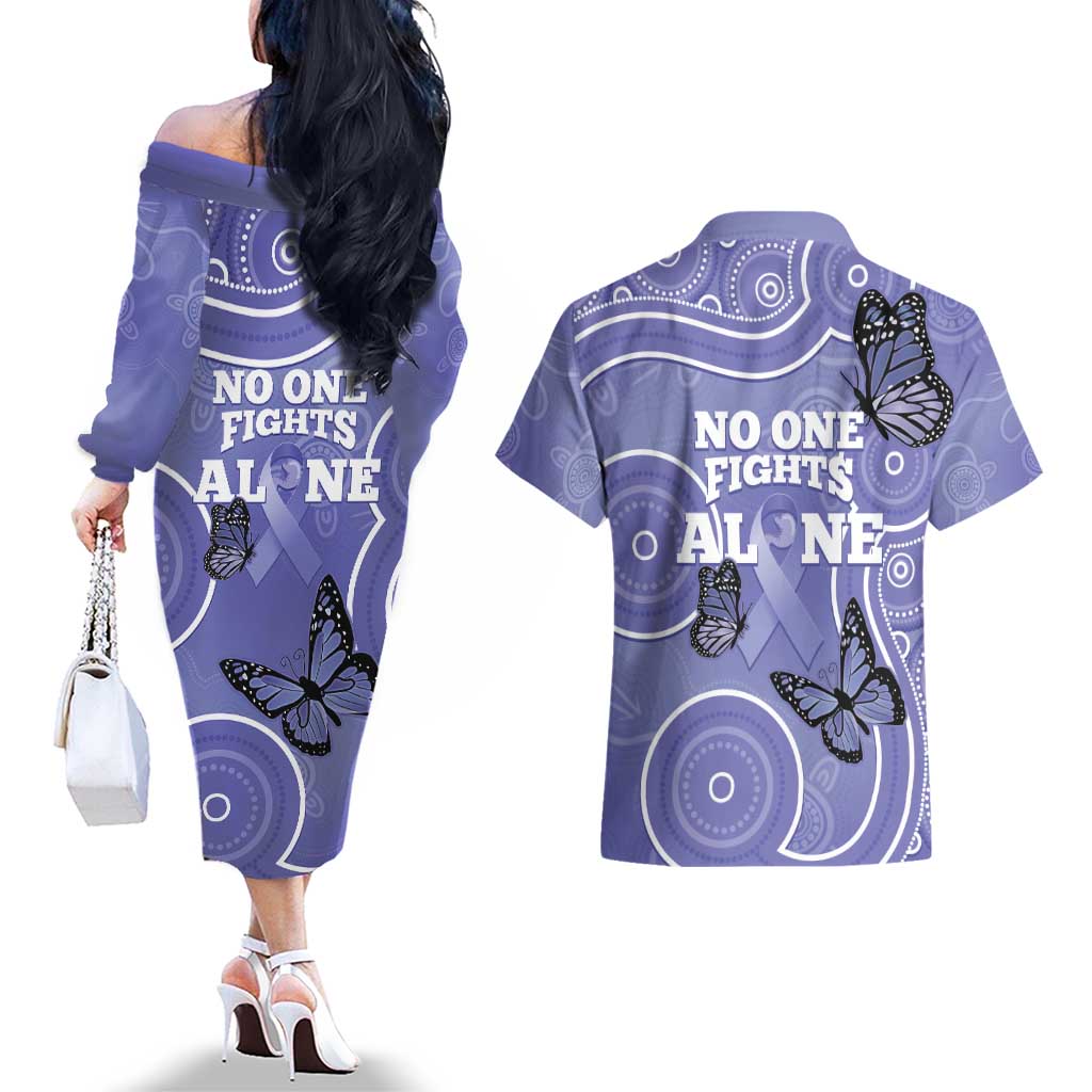 Australia Stomach Cancer Awareness Couples Matching Off The Shoulder Long Sleeve Dress and Hawaiian Shirt No One Fights Alone Aboriginal Art