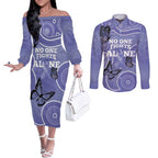 Australia Stomach Cancer Awareness Couples Matching Off The Shoulder Long Sleeve Dress and Long Sleeve Button Shirt No One Fights Alone Aboriginal Art