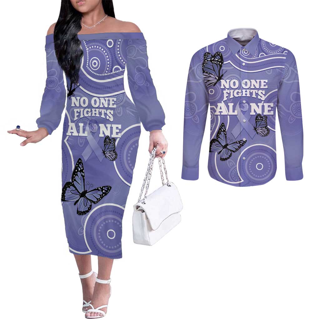 Australia Stomach Cancer Awareness Couples Matching Off The Shoulder Long Sleeve Dress and Long Sleeve Button Shirt No One Fights Alone Aboriginal Art