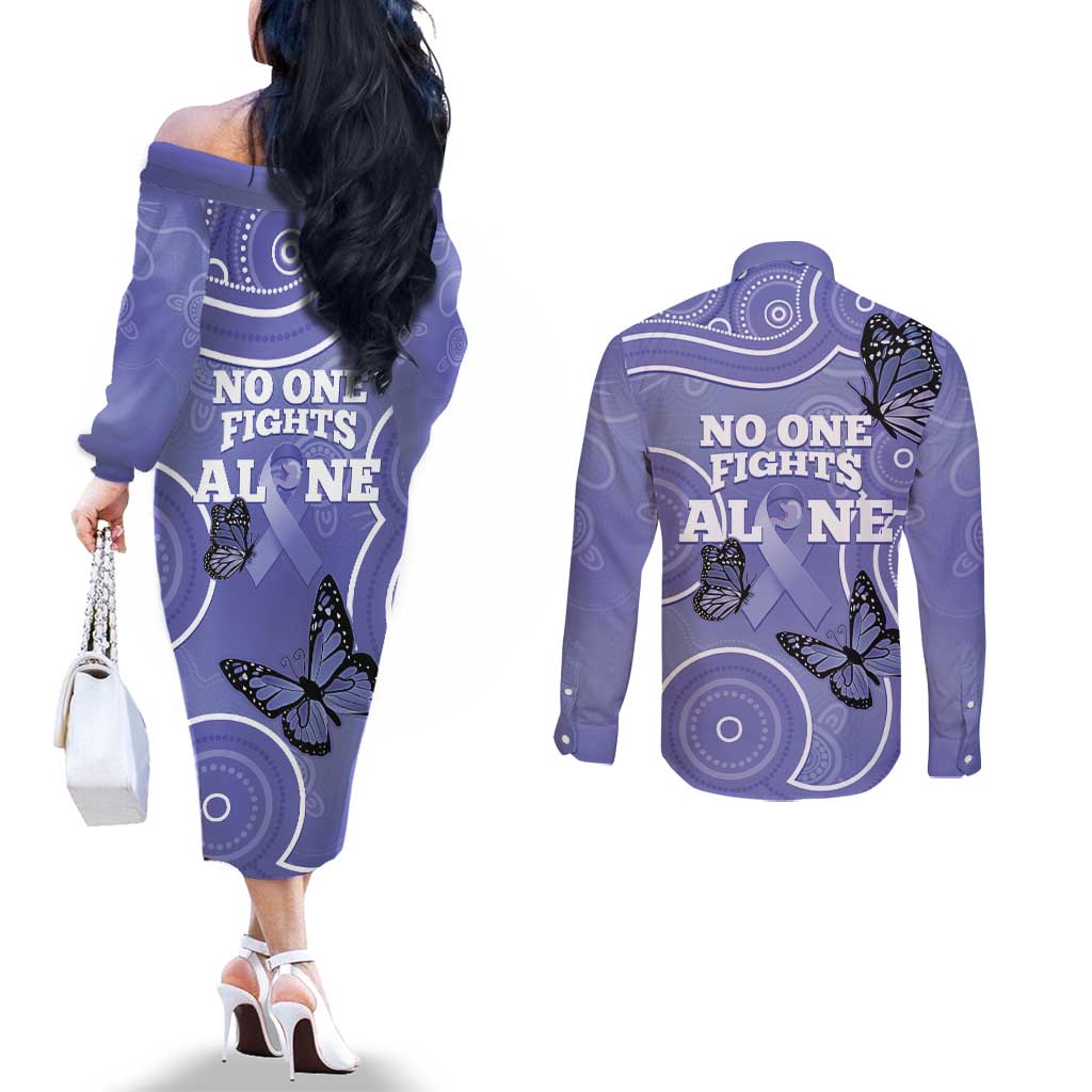Australia Stomach Cancer Awareness Couples Matching Off The Shoulder Long Sleeve Dress and Long Sleeve Button Shirt No One Fights Alone Aboriginal Art