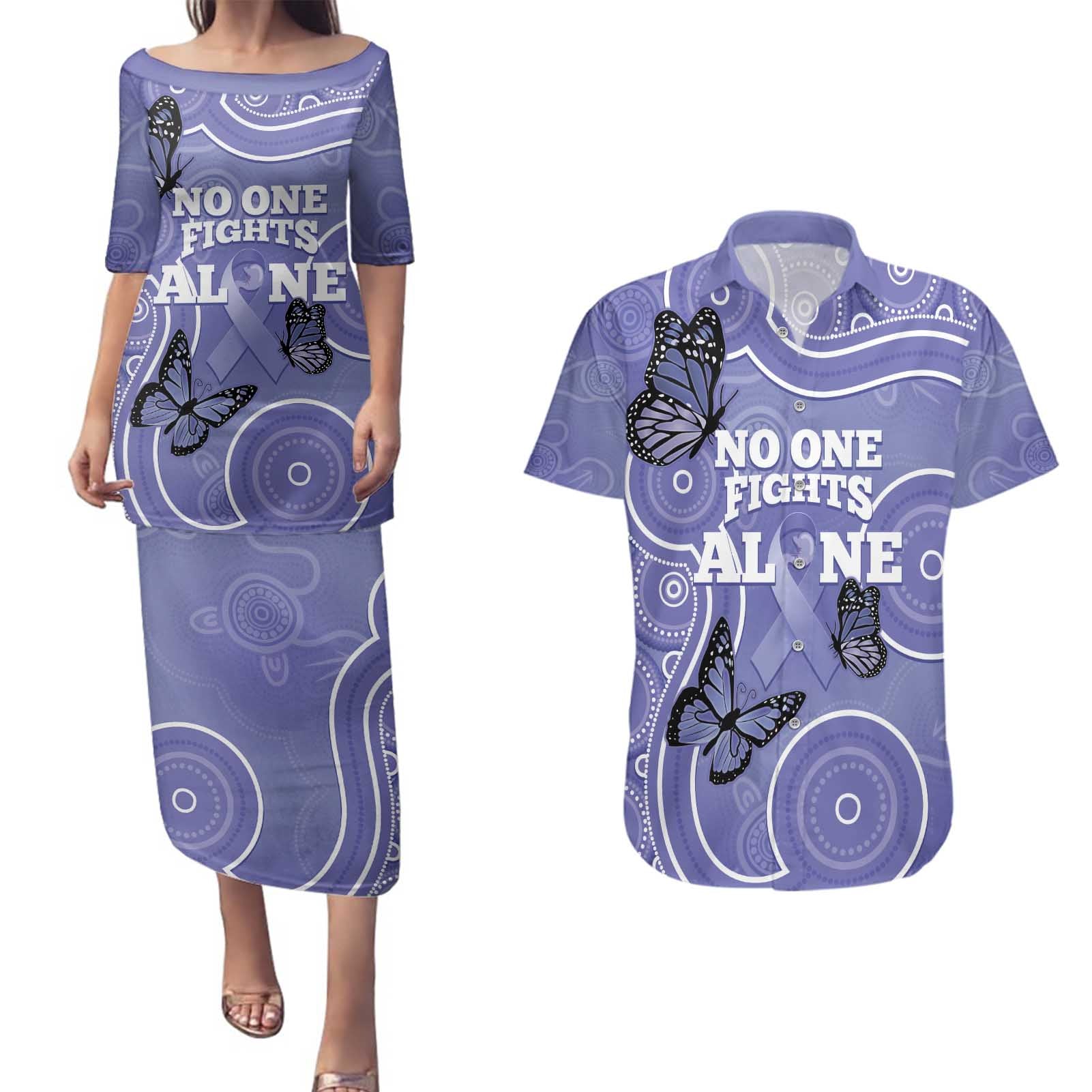 Australia Stomach Cancer Awareness Couples Matching Puletasi and Hawaiian Shirt No One Fights Alone Aboriginal Art