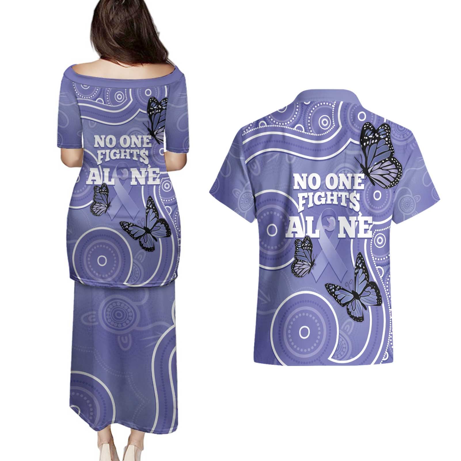 Australia Stomach Cancer Awareness Couples Matching Puletasi and Hawaiian Shirt No One Fights Alone Aboriginal Art