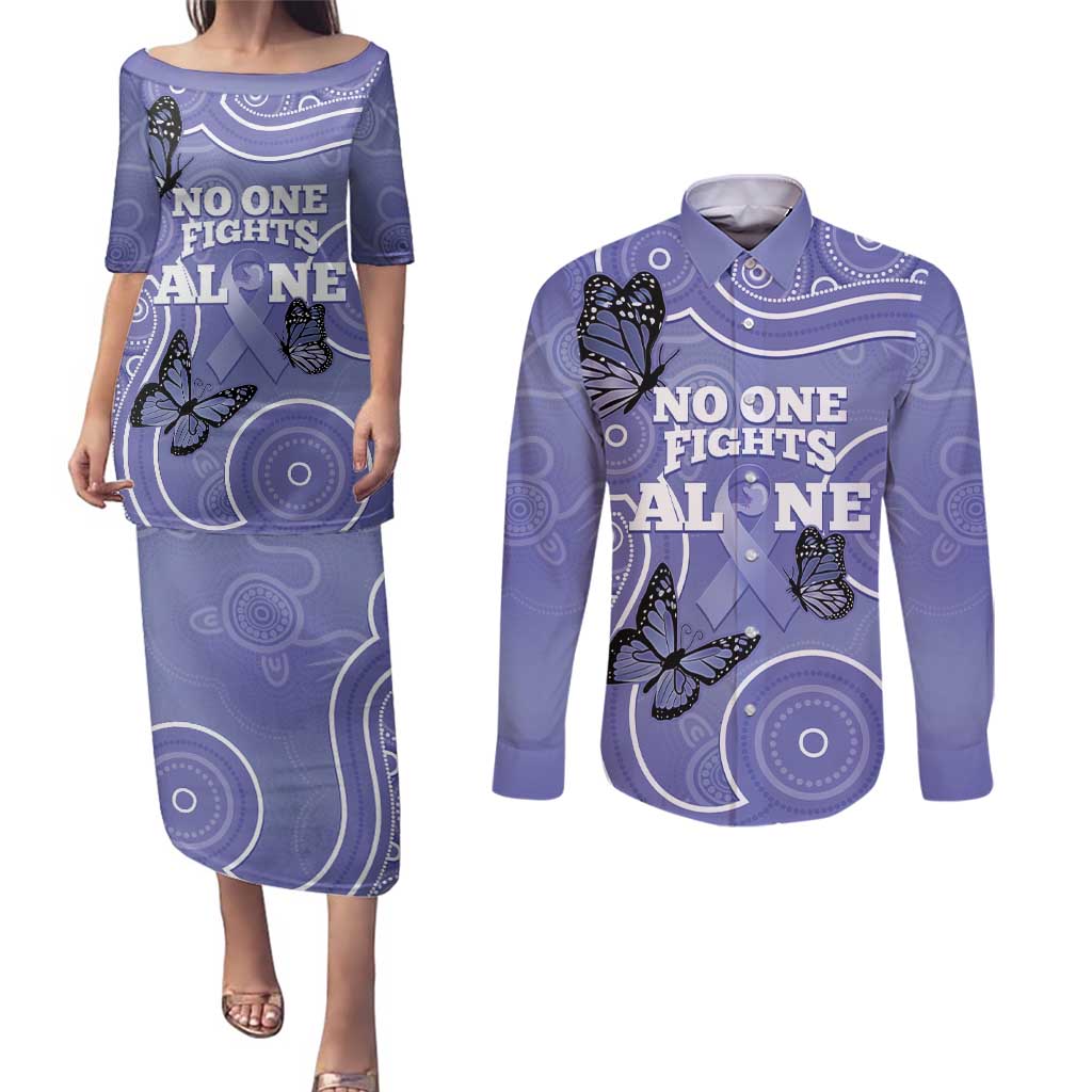 Australia Stomach Cancer Awareness Couples Matching Puletasi and Long Sleeve Button Shirt No One Fights Alone Aboriginal Art