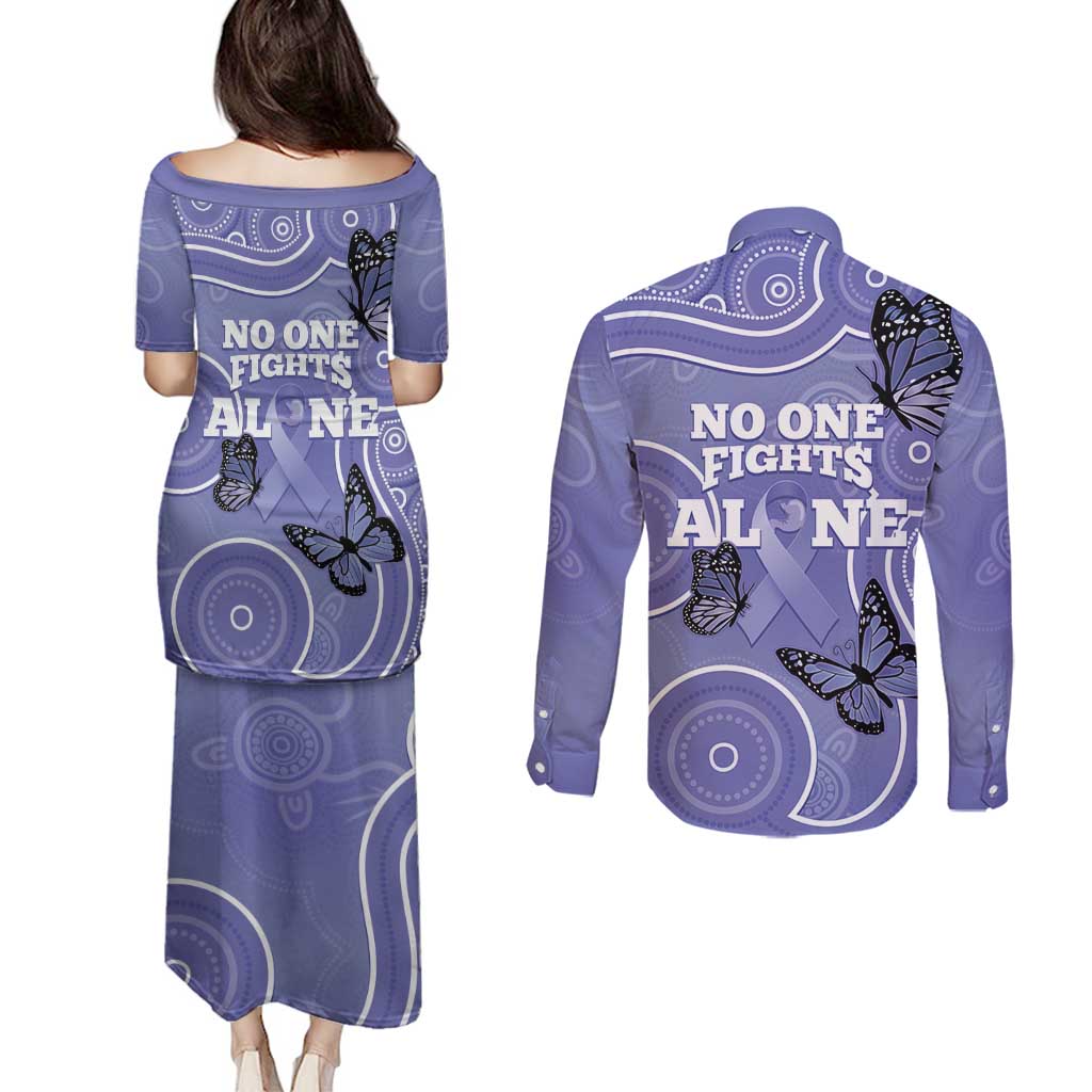Australia Stomach Cancer Awareness Couples Matching Puletasi and Long Sleeve Button Shirt No One Fights Alone Aboriginal Art