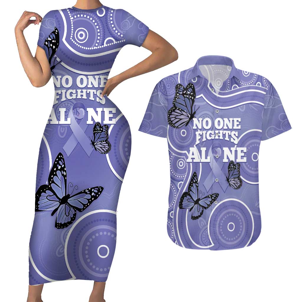 Australia Stomach Cancer Awareness Couples Matching Short Sleeve Bodycon Dress and Hawaiian Shirt No One Fights Alone Aboriginal Art