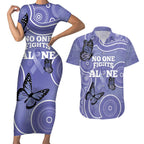 Australia Stomach Cancer Awareness Couples Matching Short Sleeve Bodycon Dress and Hawaiian Shirt No One Fights Alone Aboriginal Art