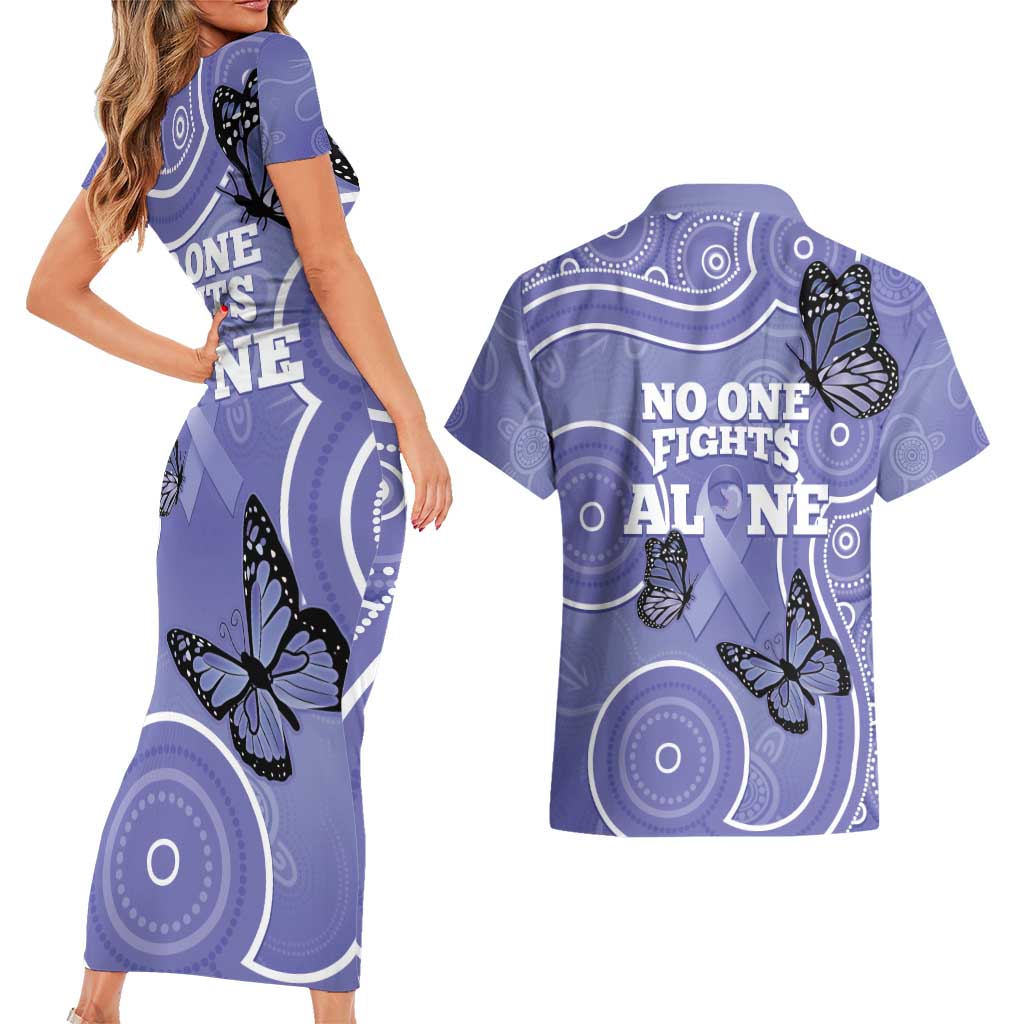 Australia Stomach Cancer Awareness Couples Matching Short Sleeve Bodycon Dress and Hawaiian Shirt No One Fights Alone Aboriginal Art