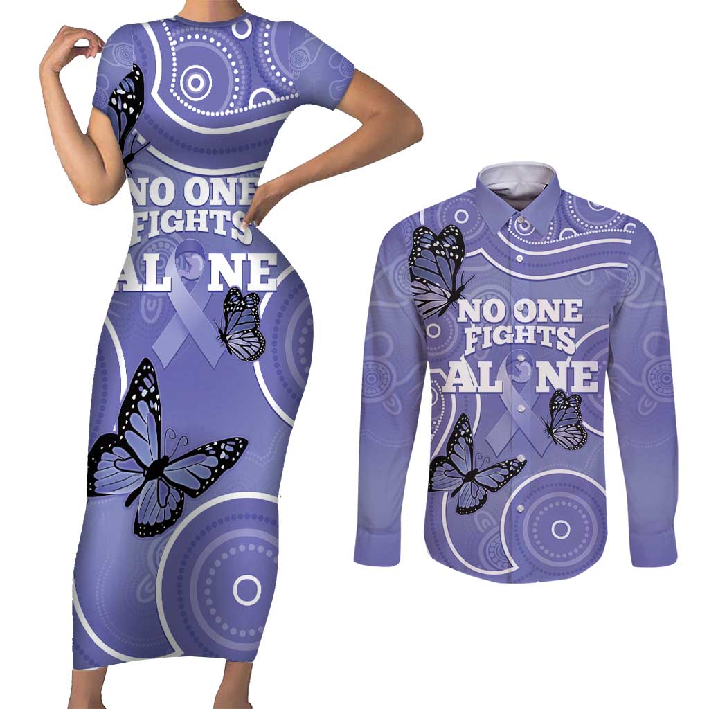 Australia Stomach Cancer Awareness Couples Matching Short Sleeve Bodycon Dress and Long Sleeve Button Shirt No One Fights Alone Aboriginal Art