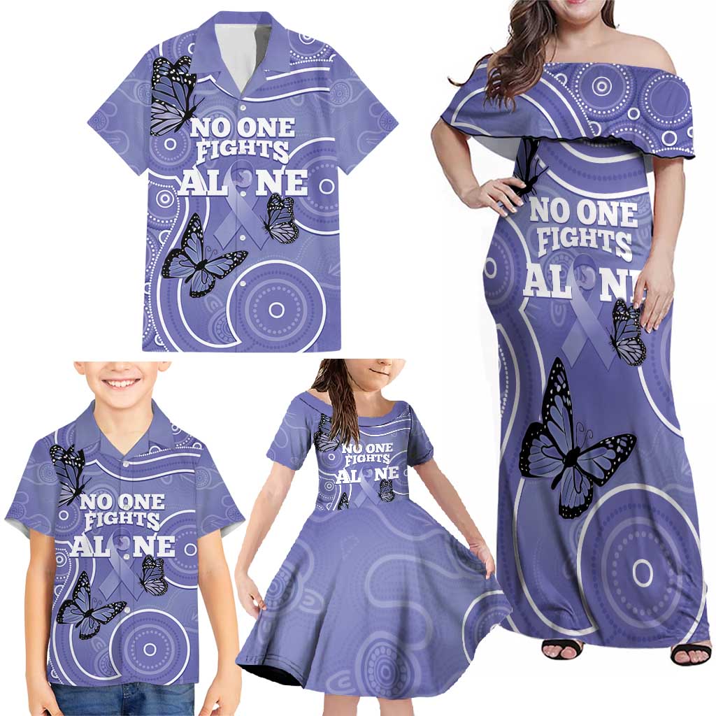 Australia Stomach Cancer Awareness Family Matching Off Shoulder Maxi Dress and Hawaiian Shirt No One Fights Alone Aboriginal Art