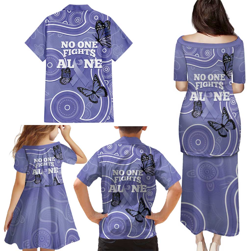 Australia Stomach Cancer Awareness Family Matching Puletasi and Hawaiian Shirt No One Fights Alone Aboriginal Art