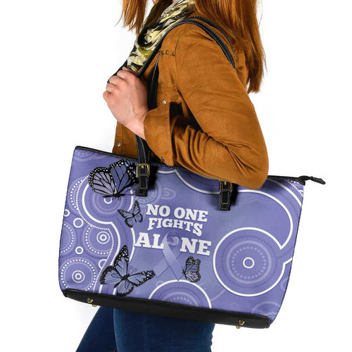 Australia Stomach Cancer Awareness Leather Tote Bag No One Fights Alone Aboriginal Art