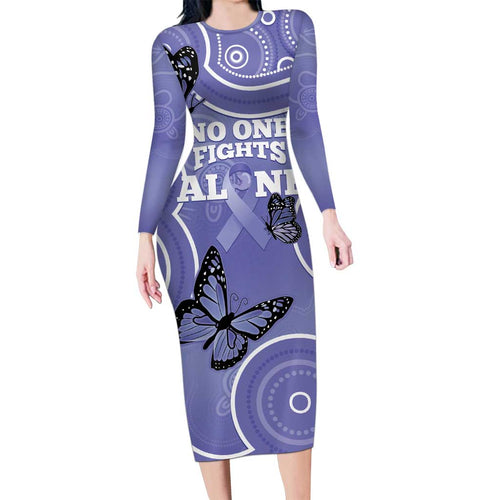 Australia Stomach Cancer Awareness Long Sleeve Bodycon Dress No One Fights Alone Aboriginal Art