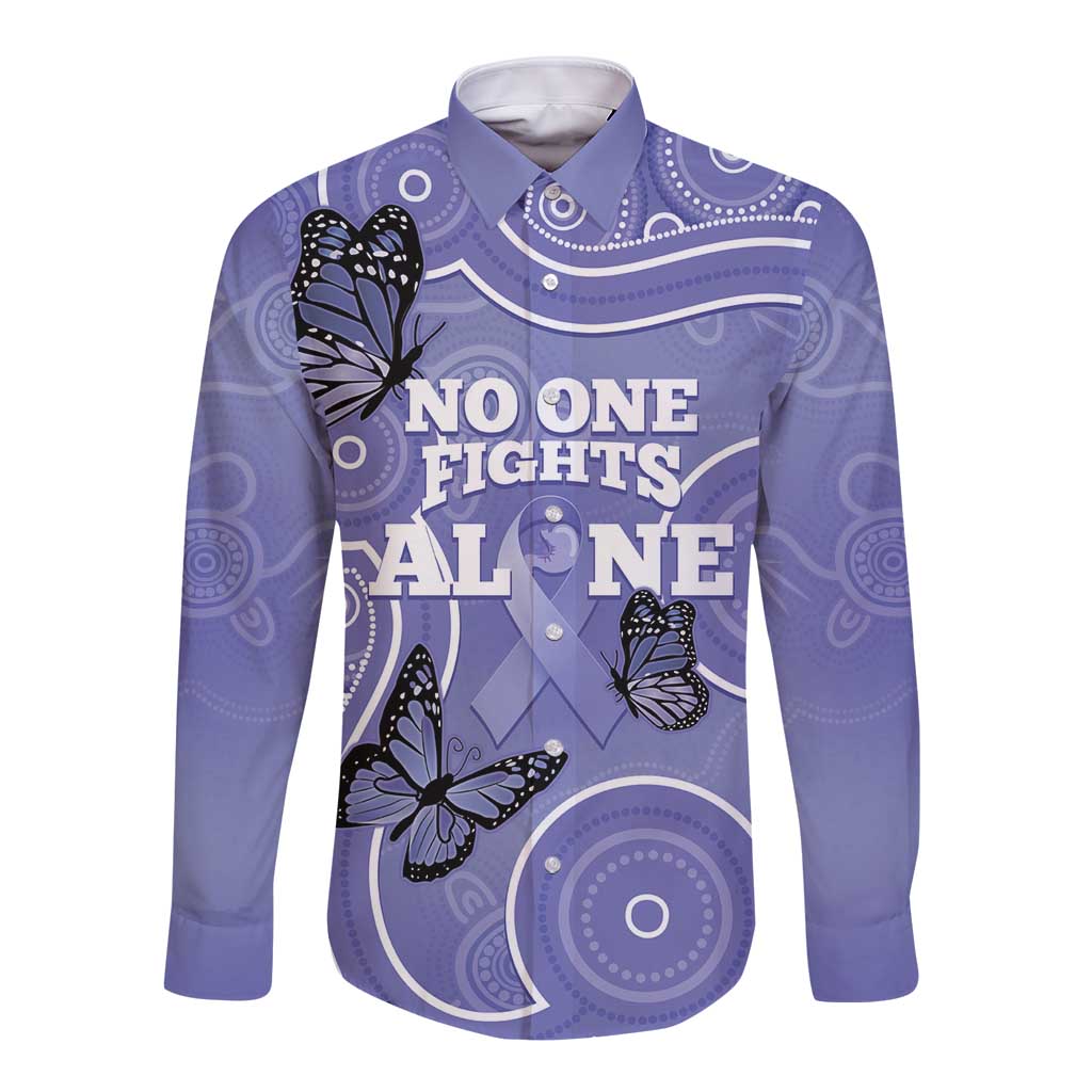 Australia Stomach Cancer Awareness Long Sleeve Button Shirt No One Fights Alone Aboriginal Art