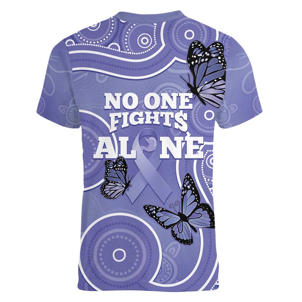 Australia Stomach Cancer Awareness Women V-Neck T-Shirt No One Fights Alone Aboriginal Art