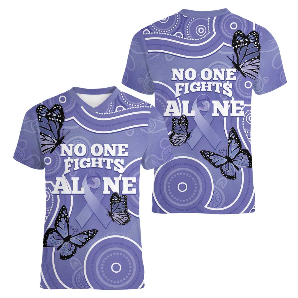 Australia Stomach Cancer Awareness Women V-Neck T-Shirt No One Fights Alone Aboriginal Art