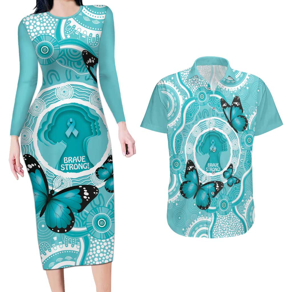 Australia Cervical Cancer Awareness Month Couples Matching Long Sleeve Bodycon Dress and Hawaiian Shirt Brave Strong Butterfly Aboriginal Art