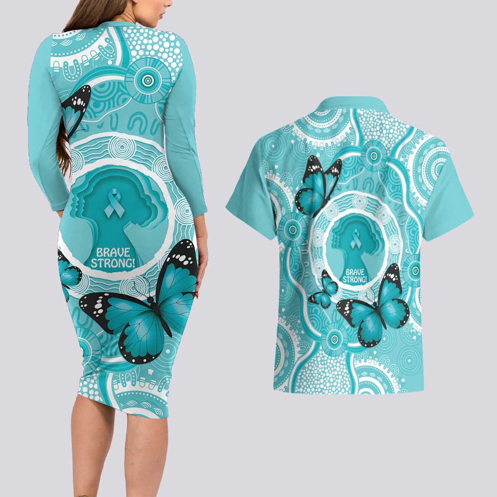 Australia Cervical Cancer Awareness Month Couples Matching Long Sleeve Bodycon Dress and Hawaiian Shirt Brave Strong Butterfly Aboriginal Art