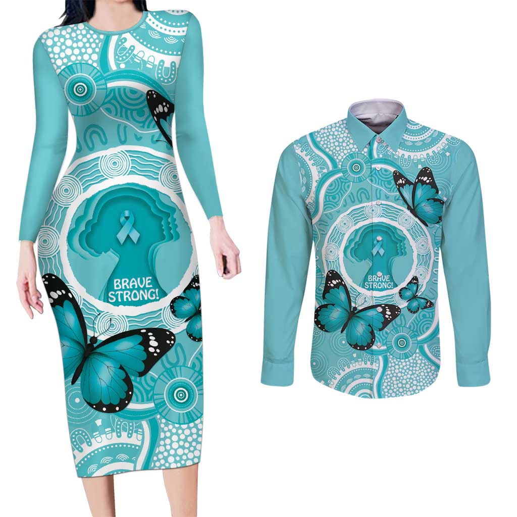 Australia Cervical Cancer Awareness Month Couples Matching Long Sleeve Bodycon Dress and Long Sleeve Button Shirt Brave Strong Butterfly Aboriginal Art