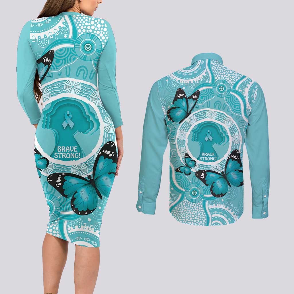 Australia Cervical Cancer Awareness Month Couples Matching Long Sleeve Bodycon Dress and Long Sleeve Button Shirt Brave Strong Butterfly Aboriginal Art