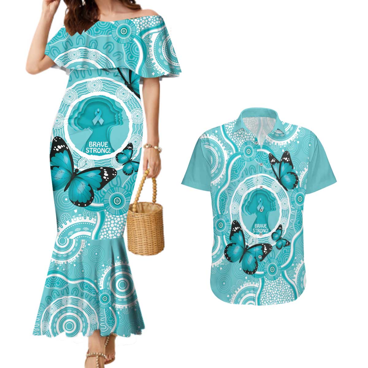 Australia Cervical Cancer Awareness Month Couples Matching Mermaid Dress and Hawaiian Shirt Brave Strong Butterfly Aboriginal Art